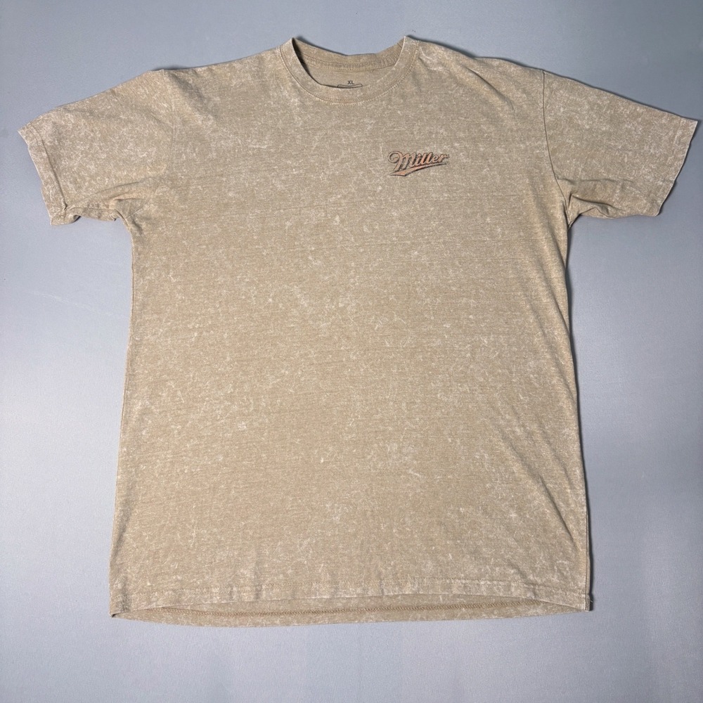 Miller High Life Beer Graphic T-Shirt Mens XL Tan Acid Wash Eagle Milwaukee Logo